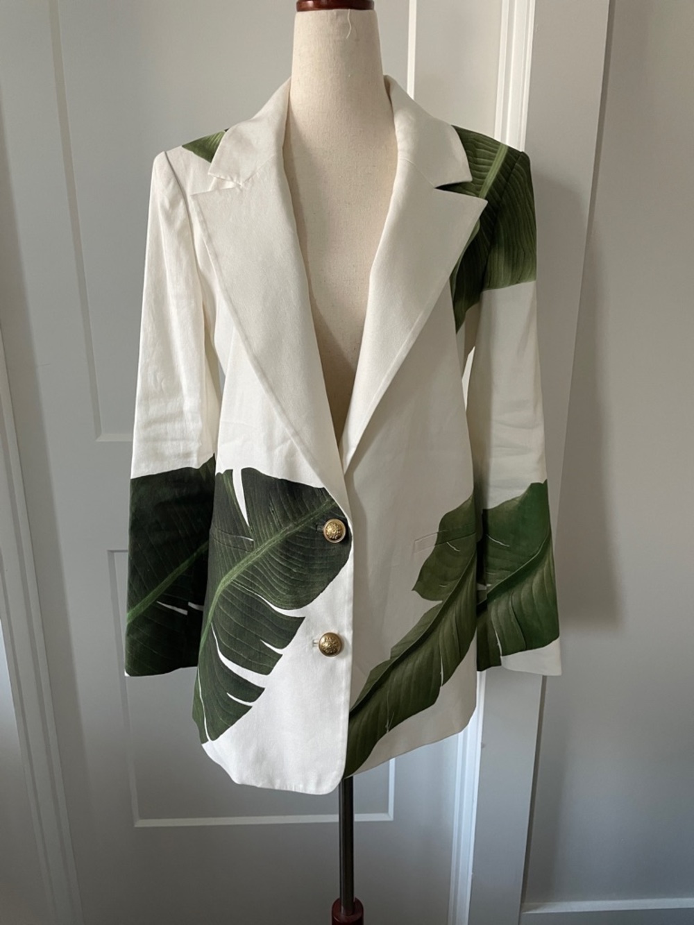 Alice + Olivia White Blazer with Green Tropical Leaf Print and Gold Buttons